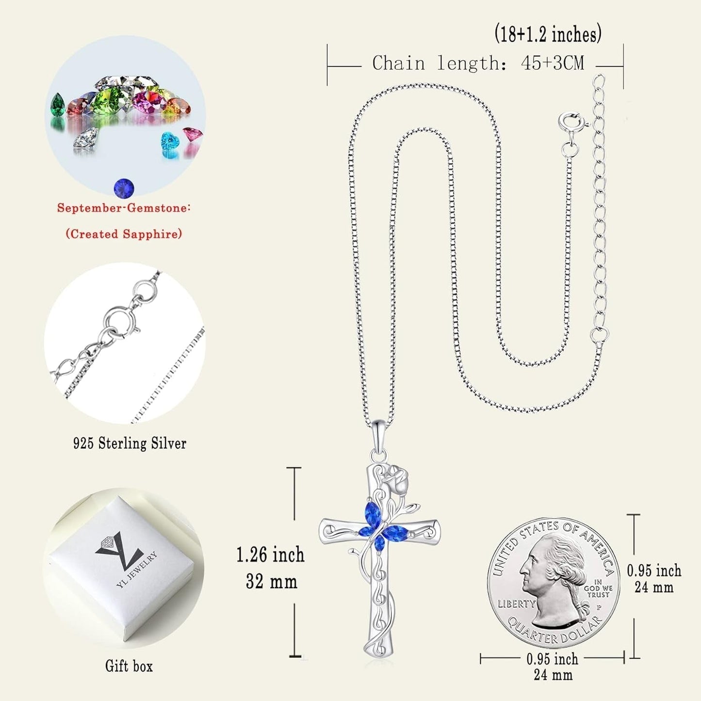 Butterfly Cross Necklace Sterling Silver Cubic Zirconia Rose Pendant Birthstones Crucifix Jewelry for Women