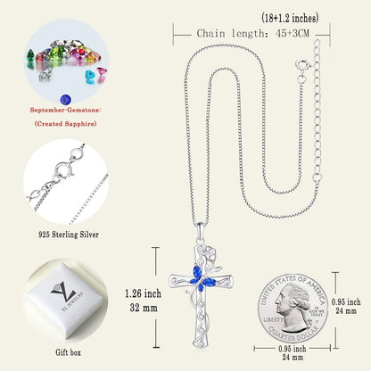 Butterfly Cross Necklace Sterling Silver Cubic Zirconia Rose Pendant Birthstones Crucifix Jewelry for Women