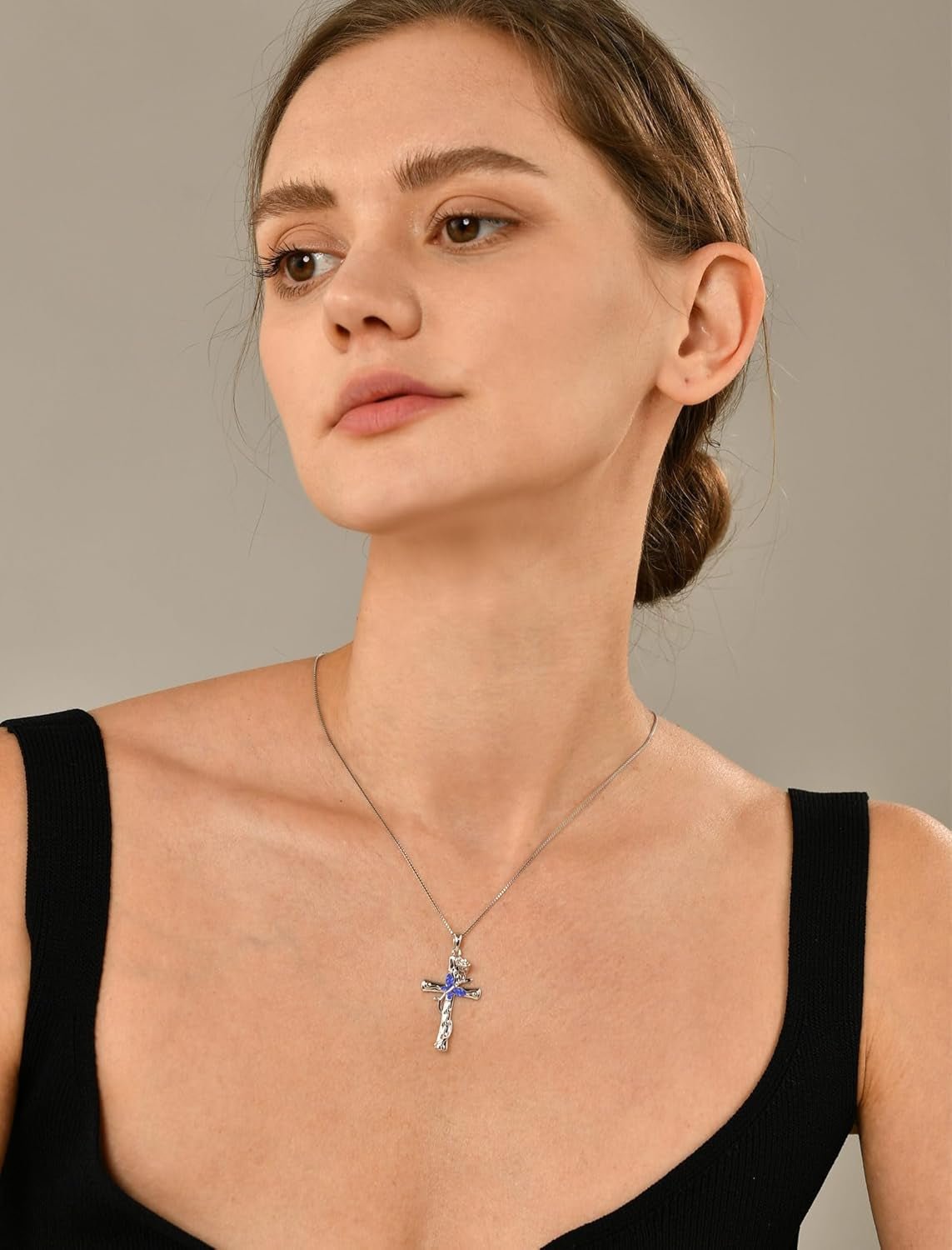 Butterfly Cross Necklace Sterling Silver Rose Flower Pendant Birthstone Jewelry for Women - WORLD TIME VISITS