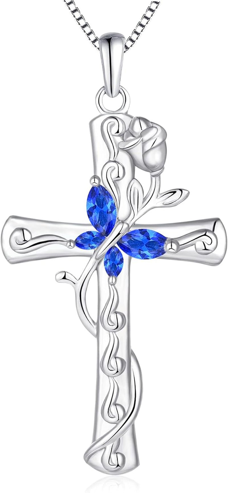 Butterfly Cross Necklace Sterling Silver Rose Flower Pendant Birthstone Jewelry for Women - WORLD TIME VISITS