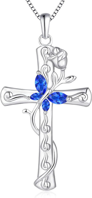 Butterfly Cross Necklace Sterling Silver Rose Flower Pendant Birthstone Jewelry for Women