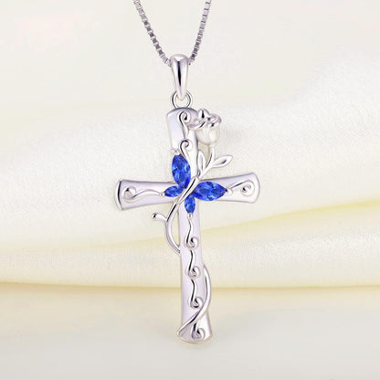 Butterfly Cross Necklace Sterling Silver Rose Flower Pendant Birthstone Jewelry for Women