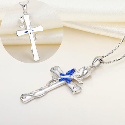 Butterfly Cross Necklace Sterling Silver Rose Flower Pendant Birthstone Jewelry for Women