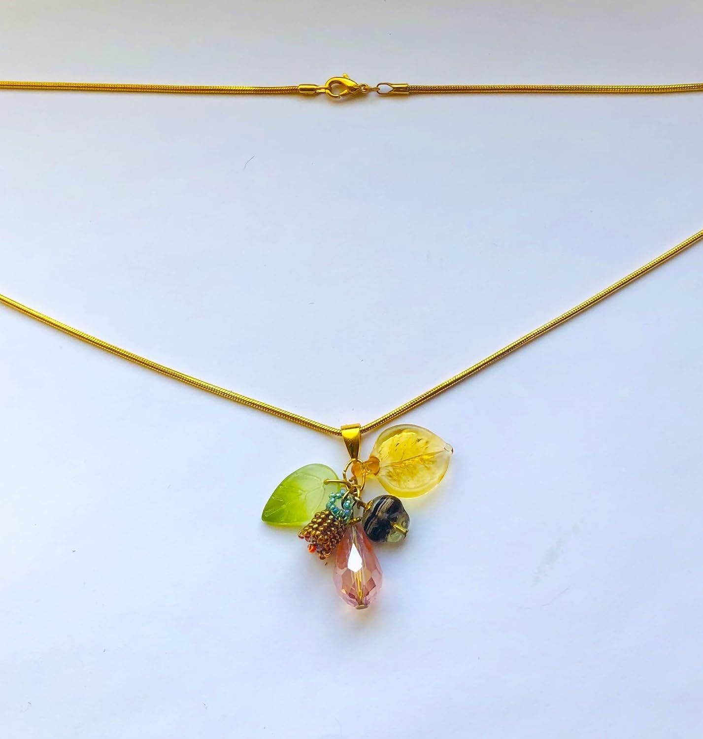 Beadwoven Lily Flower Cluster, Ombre Glass Leaf, Beige Pink Floral Crystal Briolette Pendant, Gold Filled Long Snake Chain