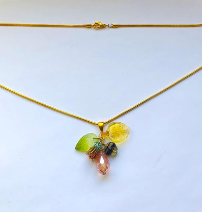 Beadwoven Lily Flower Cluster, Ombre Glass Leaf, Beige Pink Floral Crystal Briolette Pendant, Gold Filled Long Snake Chain