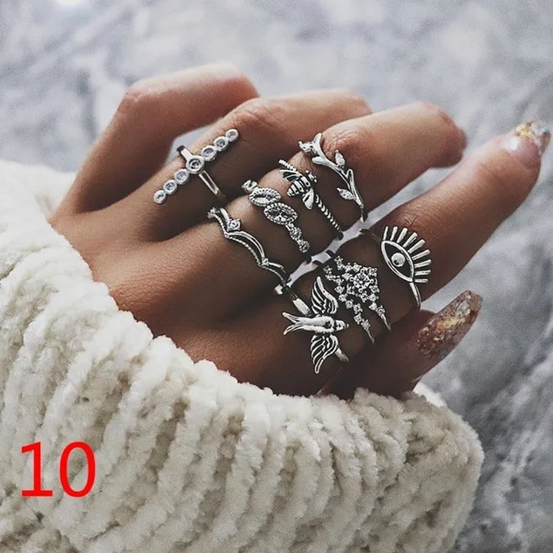 10style Retro Beauty Avatar  Coin Cross Ring Set Pattern Love Fatima Palm   Ring Set for Women
