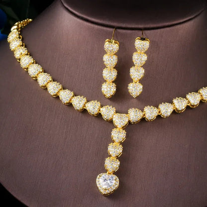 CANDICE Romantic Heart Charm Drop Necklace Earrings Bracelet Set with Cubic Zirconia Gold Filled Women Ethiopian Jewelry Set for Banquet Party