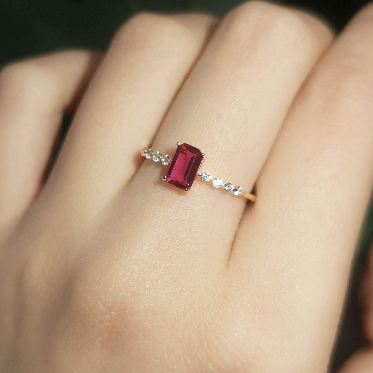 S925 Dainty Baguette Birthstone Rings CZ Band Rings Ruby 18K Gold Plated Sterling Silver Fine Jewelry for Women