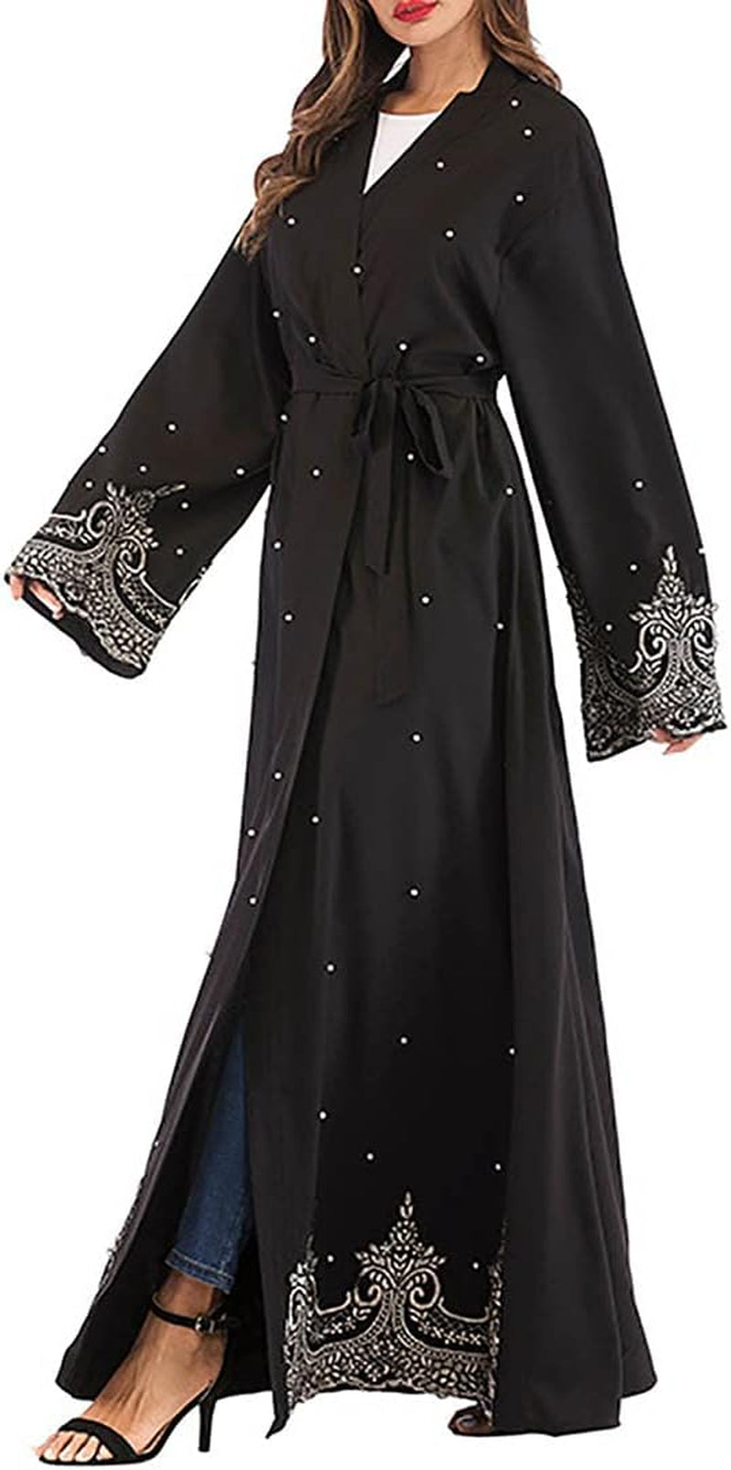 Women Muslim Dress Middle East Arabian Robe Islamic Abaya Long Sleeve Rhinestones Embroidered Cardigan Dress