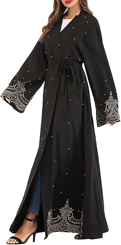 Women Muslim Dress Middle East Arabian Robe Islamic Abaya Long Sleeve Rhinestones Embroidered Cardigan Dress