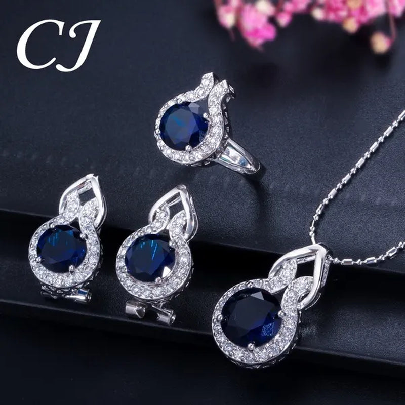 CANDICE Fashion Party Jewelry Set Sterling Silver Round Cut Blue Crystal Pendant Necklace Earrings Ring Set For Lady