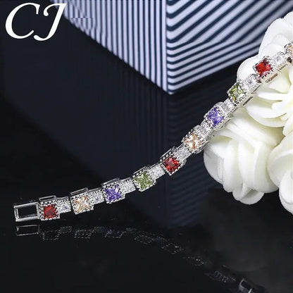 CANDICE Brilliant Square Multicolor Cubic Zirconia Crystal Pave Sterling Silver Plated Fashion Tennis Bracelet for Women Summer Jewelry