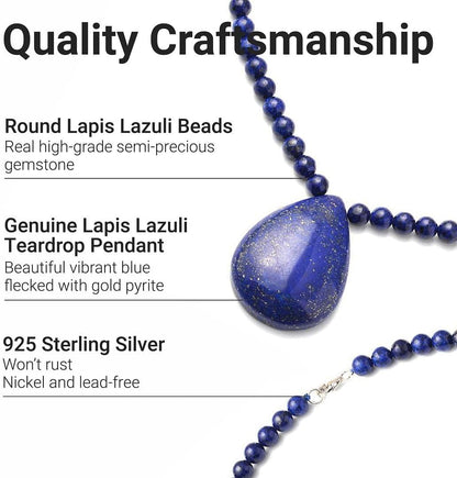 Lapis Lazuli Necklace in 925 Sterling Silver - Lapis Lazuli Teardrop Pendant Beaded Necklace - 18" Necklace Length Costume Jewelry for Women Birthday Gifts for Women