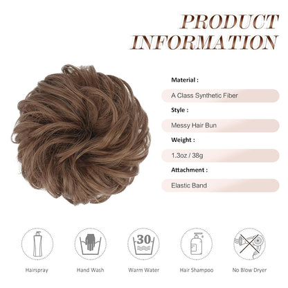 Messy Bun Hair Piece - Elastic Wavy Curly Hair Bun Scrunchies Extensions Synthetic Chignon Hairpieces for Women Girls, Light Golden Brown 1 PCS