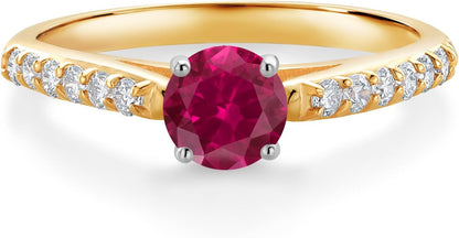 10K Yellow and White Gold Red Created Ruby and White Lab Grown Diamond Engagement Solitaire Ring (0.78 Cttw, round 5MM, Gemstone July Birthstone, Available in Size 5, 6, 7, 8, 9)