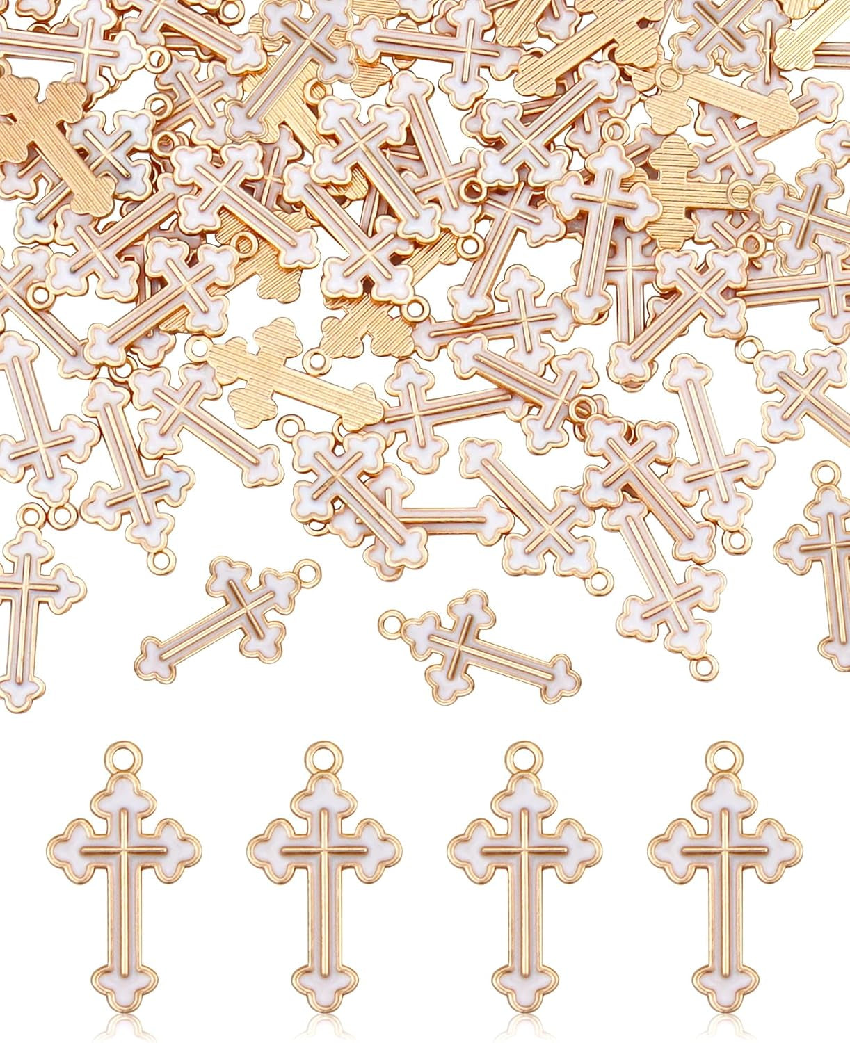 100 Pcs Alloy Enamel White Cross Pendants Gold Plate Cross Dangle Charms for Necklace Bracelet Jewelry Making DIY Crafting