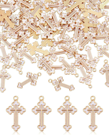100 Pcs Alloy Enamel White Cross Pendants Gold Plate Cross Dangle Charms for Necklace Bracelet Jewelry Making DIY Crafting