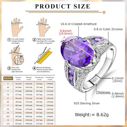 Emerald/Sapphire/Ruby/Tourmaline Rings for Women, 925 Sterling Silver Gemstone Engagement Anniversary Ring Big 6.5-8.5 Carat Birthstone Ring, Size 6 to 10 (Send Gift Box)
