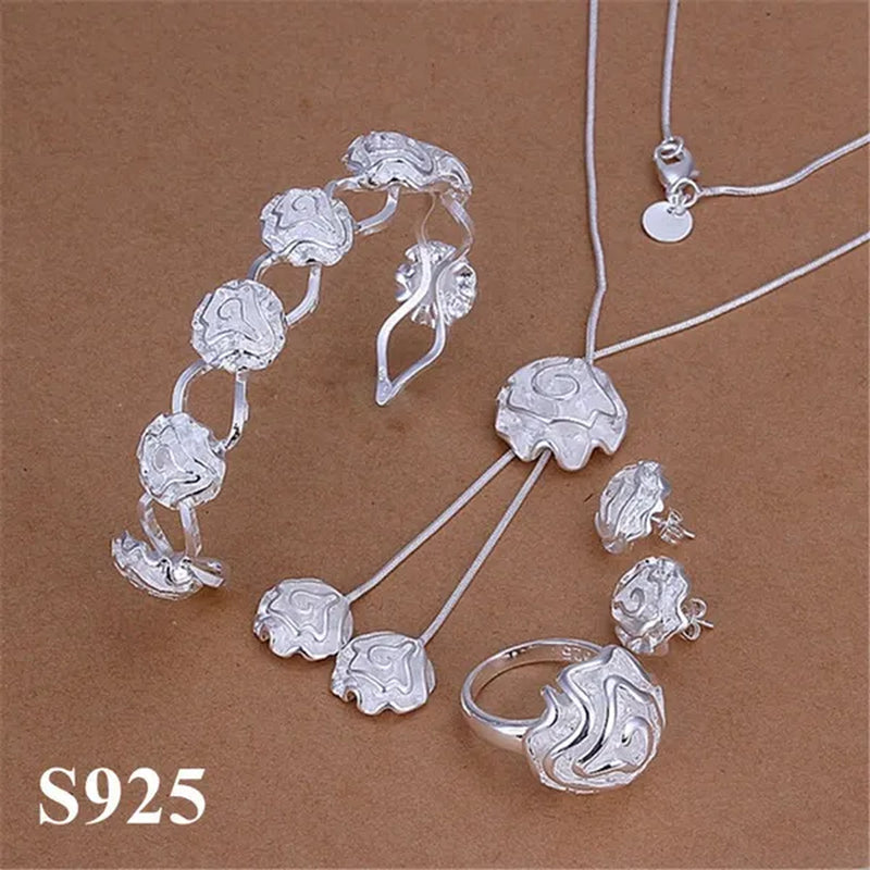 Women's Fashion 925 Sterling Silver Rose Flower Earrings Elegant Necklace Rings Bracelets Bangle Bridal Wedding Jewelry Set - WORLD TIME VISITS