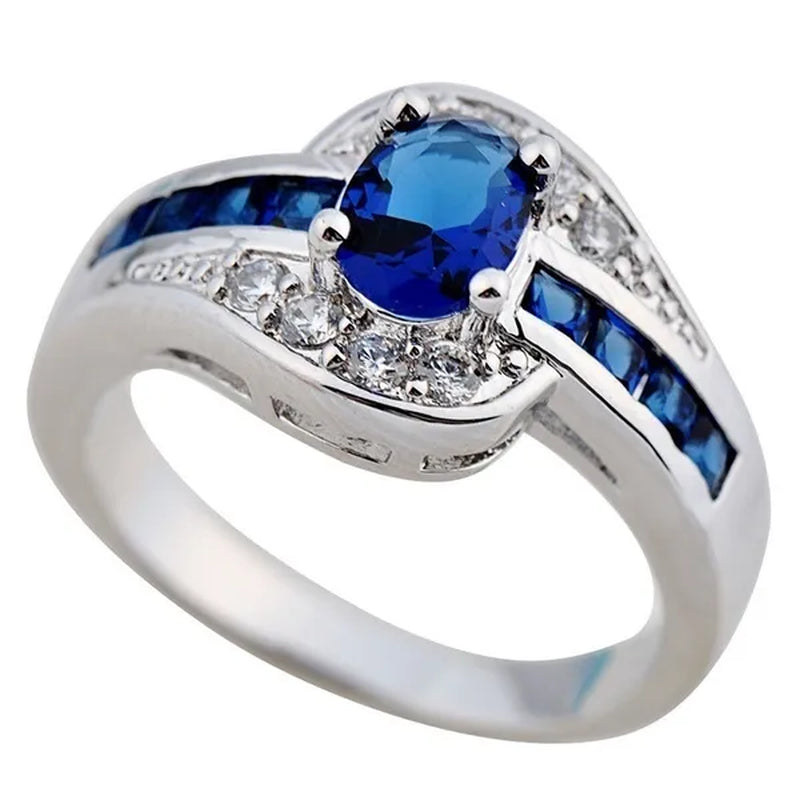 Exquisite Silver Color Natural Sapphire Gemstones Opal Birthstone Bride Princess Wedding Engagement Strange Ring Size 6 7 8 9 10