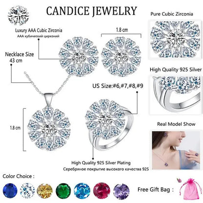 CANDICE Elegant Flower Jewelry Set Paved Green Stones Fashion Sterling Silver Plated Pendant Necklace Earrings Ring Sets