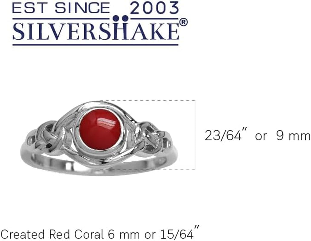 Created Red Coral White Gold Plated 925 Sterling Silver Celtic Knot Solitaire Ring Size 10