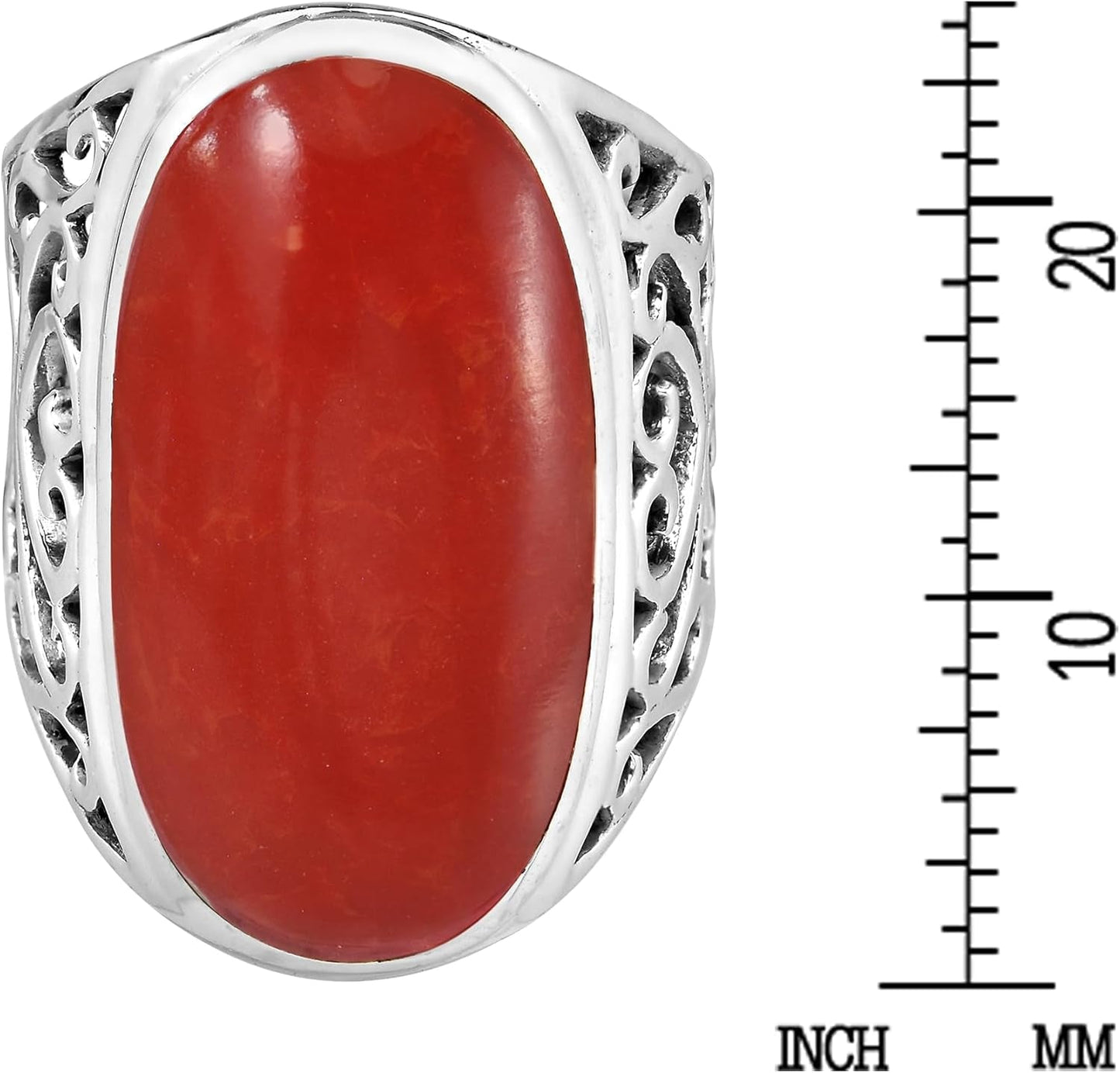Bold Lrg Oval Reconstructed Red Coral Intricate Heart Filigree .925 Sterling Silver Ring