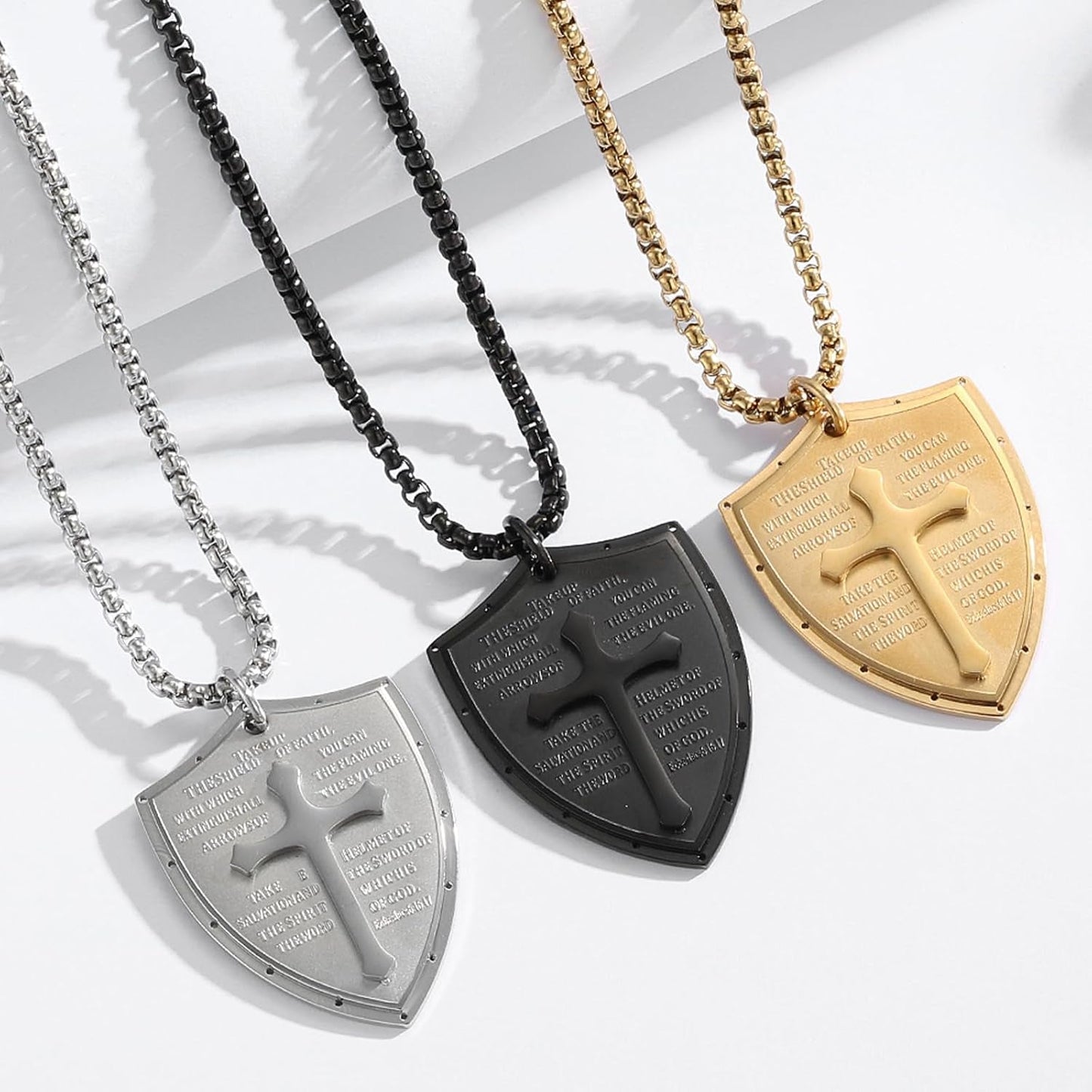 Armor of God Cross Pendant Necklace, Shield of Faith, Ephesians 6:16-17, Religious Amulet, Knights Templar Crusader, Stainless Steel 24" Chain
