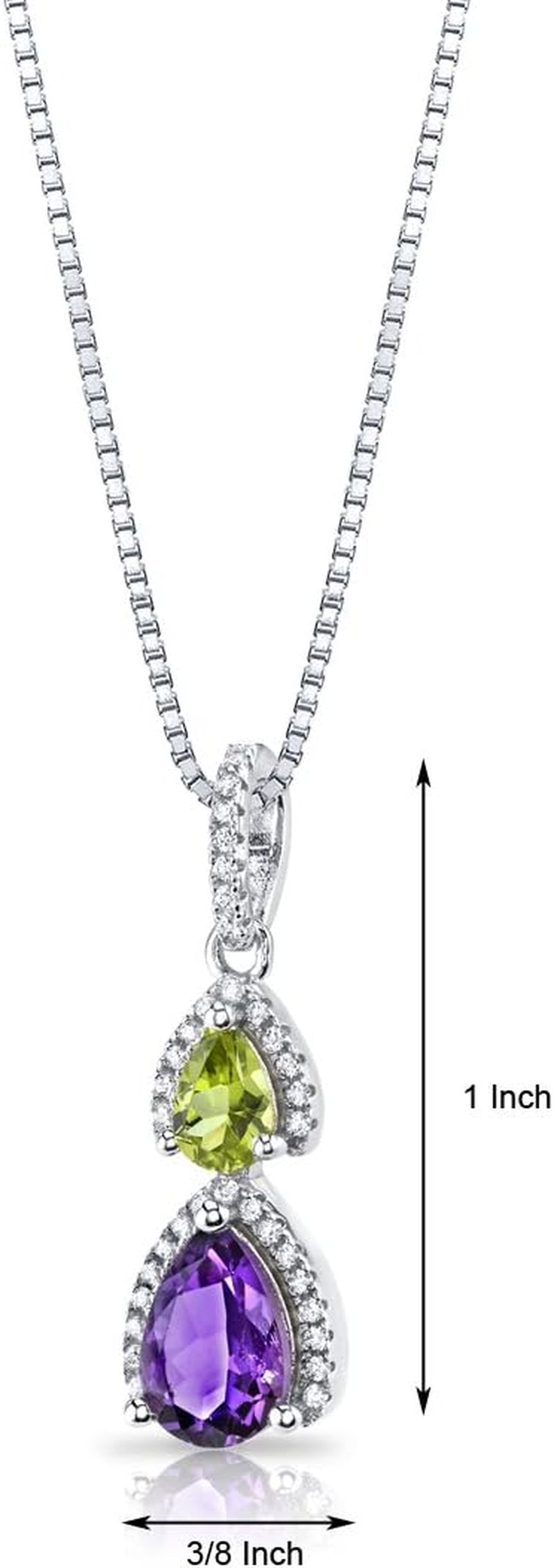 Amethyst and Peridot Double Teardrop Pendant Necklace for Women 925 Sterling Silver, Genuine Gemstone, 1.50 Carats Total Pear Shape, with 18 Inch Chain, Real Purple Amethyst Necklace,