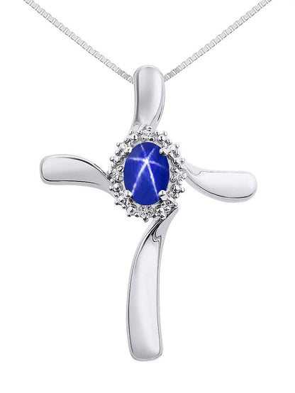 Diamond & Blue Star Sapphire Cross Pendant Necklace Set in Sterling Silver .925 with 18" Chain