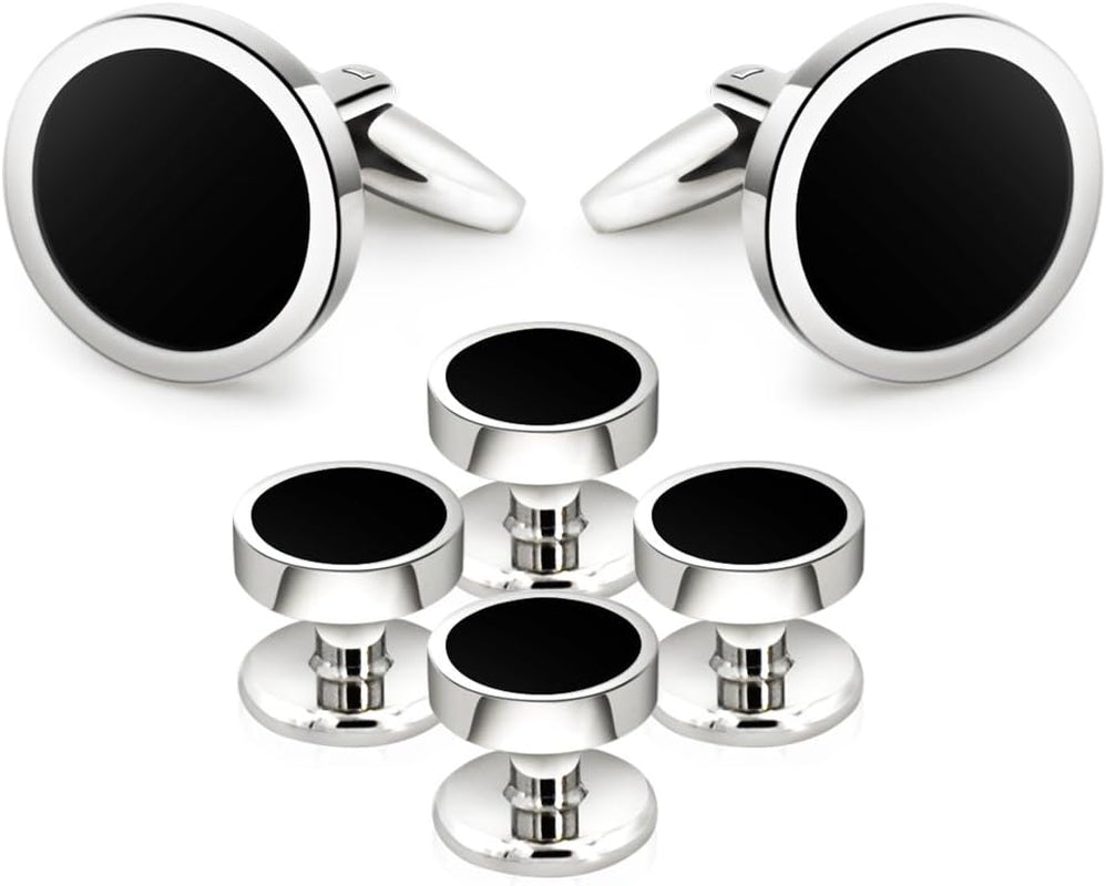 Onyx Cufflinks and Studs Set Formal Black Silver Groomsmen Groom Wedding Gift Cuff Links