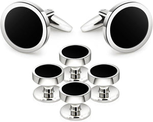 Onyx Cufflinks and Studs Set Formal Black Silver Groomsmen Groom Wedding Gift Cuff Links