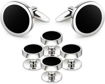 Onyx Cufflinks and Studs Set Formal Black Silver Groomsmen Groom Wedding Gift Cuff Links