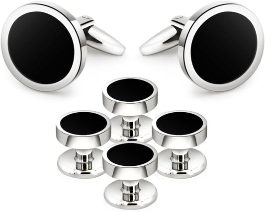 Onyx Cufflinks and Studs Set Formal Black Silver Groomsmen Groom Wedding Gift Cuff Links