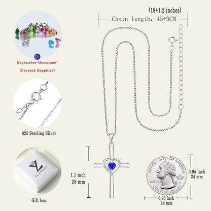 Heart Cross Necklace Sterling Silver Crucifix Pendant Gemstones Criss Jewelry for Women