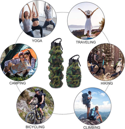 Collapsible Travel Water Bottle19.6 Oz, Reuseable Silicone Foldable Water Bottles for Gym Camping Hiking, Portable Leak Proof Sports Water Bottle with Carabiner (Army Green Camouflage)