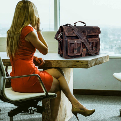 Leather Briefcase Work Bag for Men Women Dark Brown Crossbody Genuine Leather Satchel Office Bag for Men Women 18 Inch Computer Travel Messenger Laptop Shoulder Bag Cureo