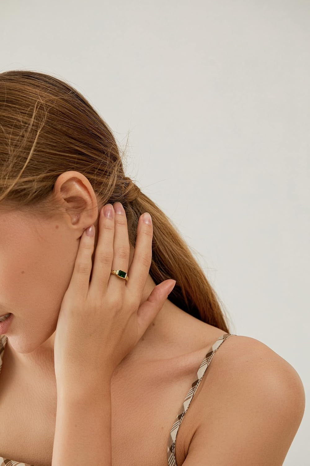 Gold Emerald Rings Gold Rings for Women Dainty Green Rings Cut Emerald Gemstones CZ Non Tarnish Gold Rings 14K Gold Plated Rings for Women Band Size 6/7/8/9