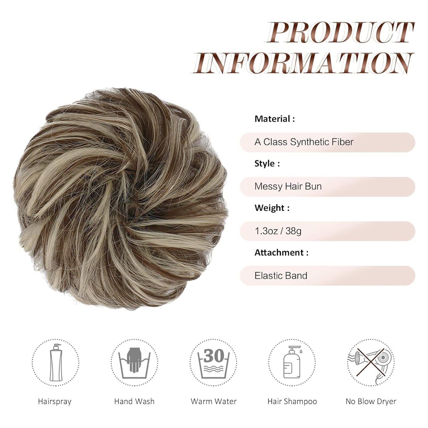 Messy Bun Hair Piece - Elastic Wavy Curly Hair Bun Scrunchies Extensions Synthetic Chignon Hairpieces for Women Girls, Golden Brown & Bleach Blonde 1 PCS