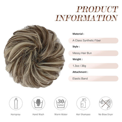 Messy Bun Hair Piece - Elastic Wavy Curly Hair Bun Scrunchies Extensions Synthetic Chignon Hairpieces for Women Girls, Golden Brown & Bleach Blonde 1 PCS