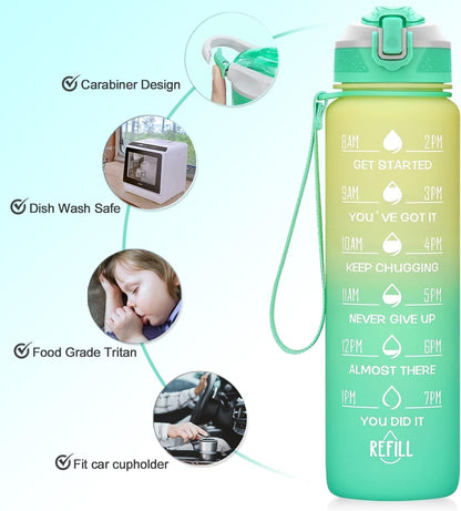 32Oz Leakproof Motivational Sports Water Bottle with Straw & Time Marker, Flip Top Durable BPA Free Non-Toxic Frosted Bottle Perfect for Office, School, Gym and Workout