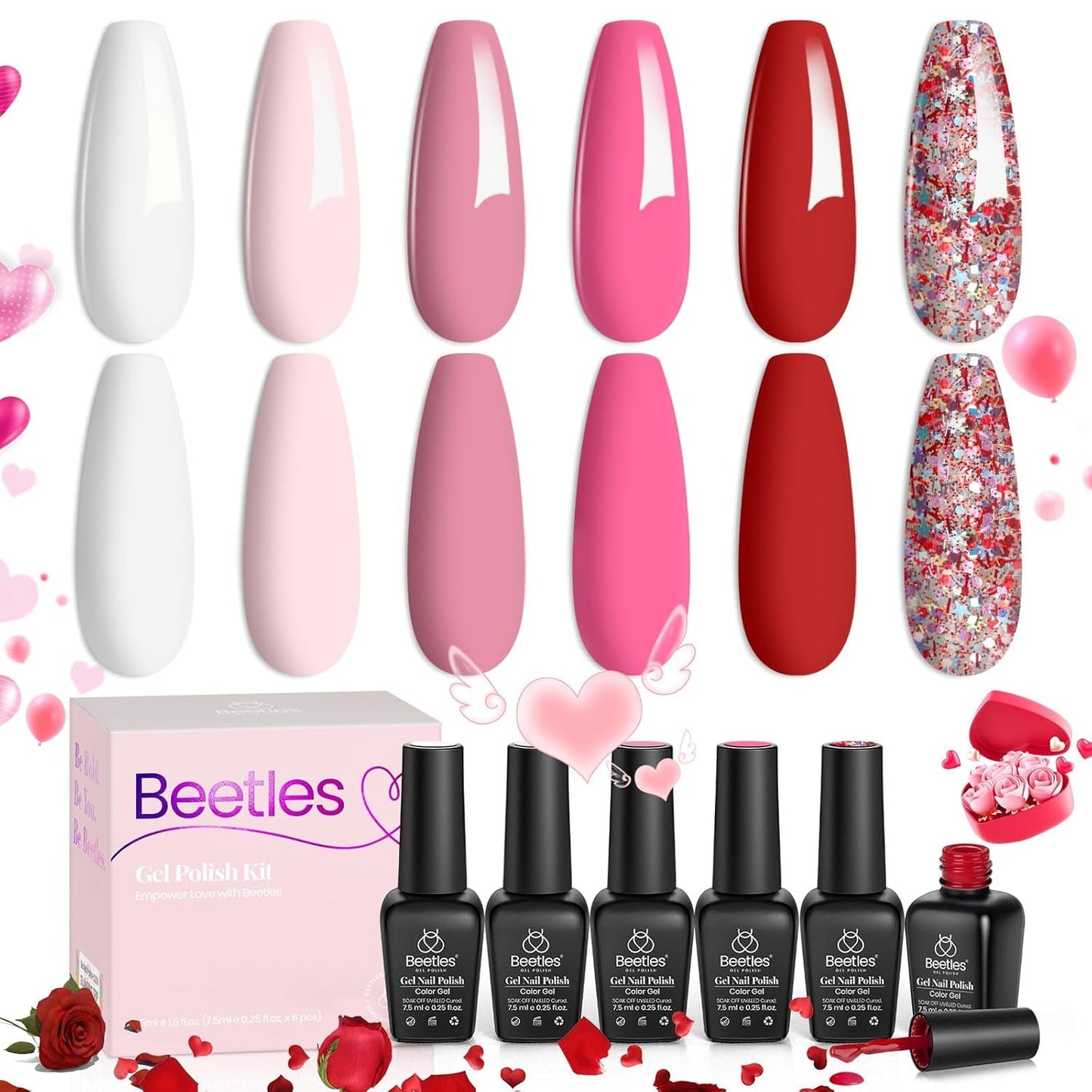 Beetles Pink Gel Nail Polish Set -6 Colors Pink Gel Polish Nail Kit Red Nude Pink White Glitter Color Gel Fall in Love Collection Soak off Uv LED Nail Lamp Gift for Women & Girls