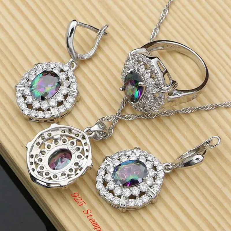 Work & Leisure Style 925 Silver Jewelry Sets Sapphire Garnet Emerald Ruby Topaz Wedding Jewelry Set for Women
