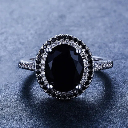 Luxury Oval Cut Black Sapphire White Diamond CZ Ring 925 Silver Solitaire Ring Engagement Wedding Gift for Women