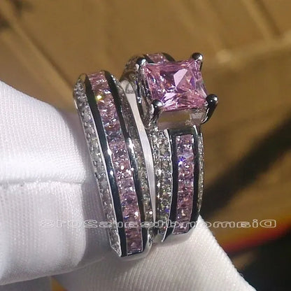 2Pcs/Set 925 Silver Plated Pink Purple White Sapphire CZ Wedding Set Rings Size 6-11  (Choice Color and Size )