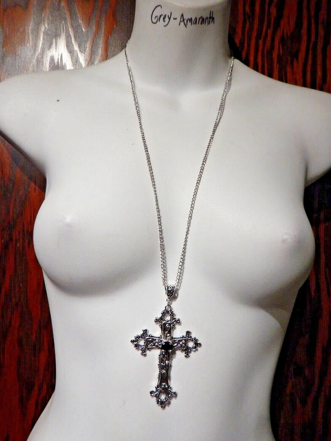Large Gothic Cross Necklace Silver-Tone Pendant with Glass Stone, on 24" Steel Chain…