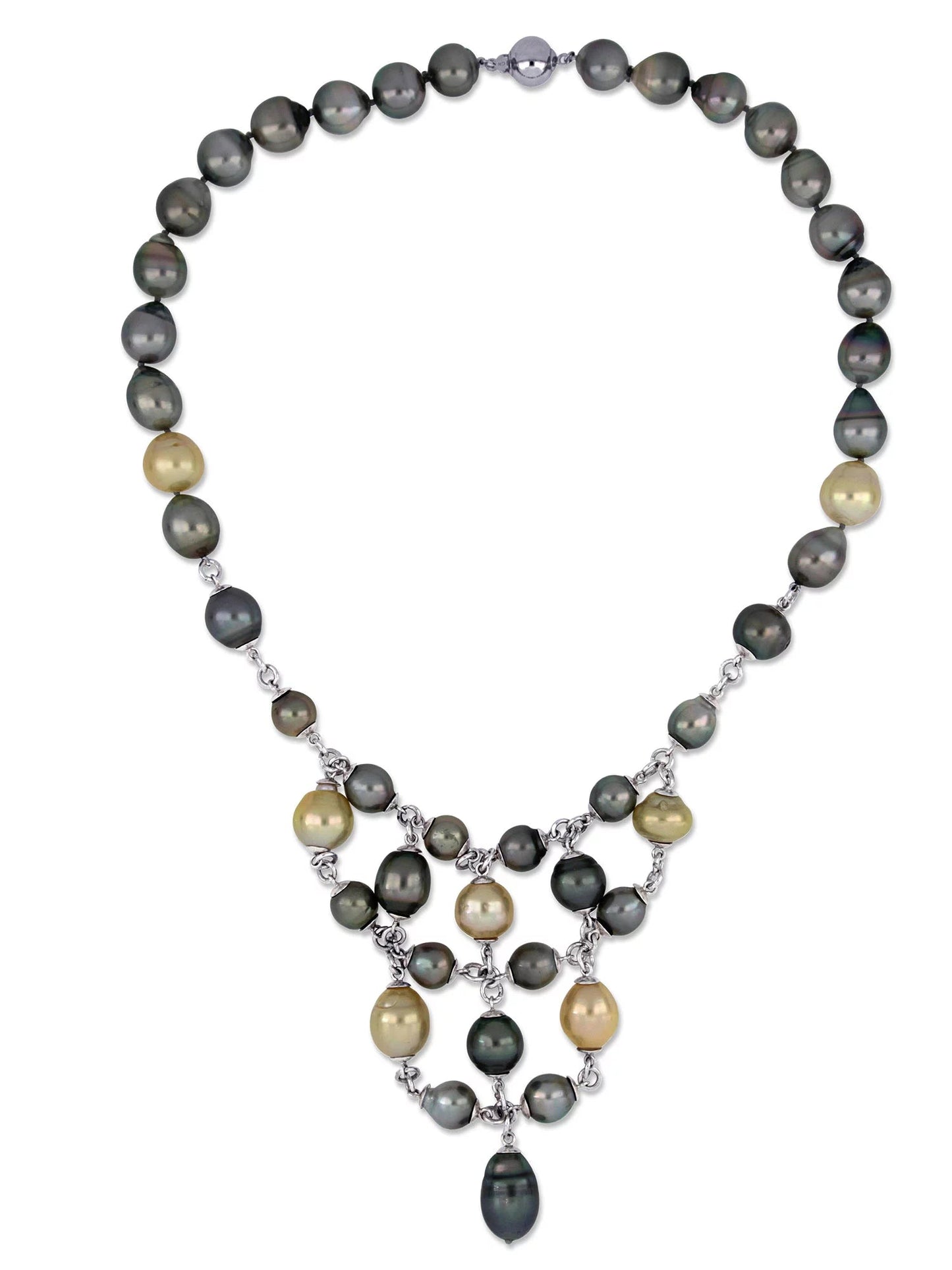Women'S 9 - 12Mm Natural Shape Tahitian & Golden South Sea Pearl Sterling Silver Cluster Necklace