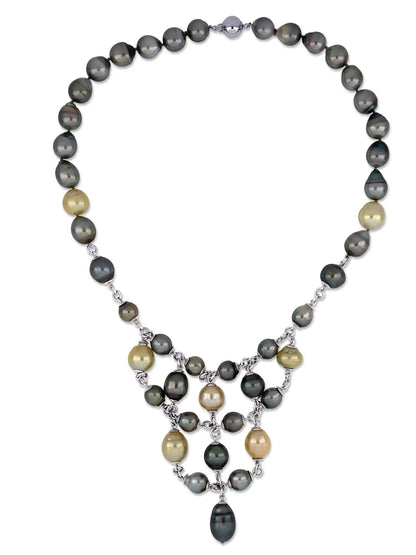 Women'S 9 - 12Mm Natural Shape Tahitian & Golden South Sea Pearl Sterling Silver Cluster Necklace