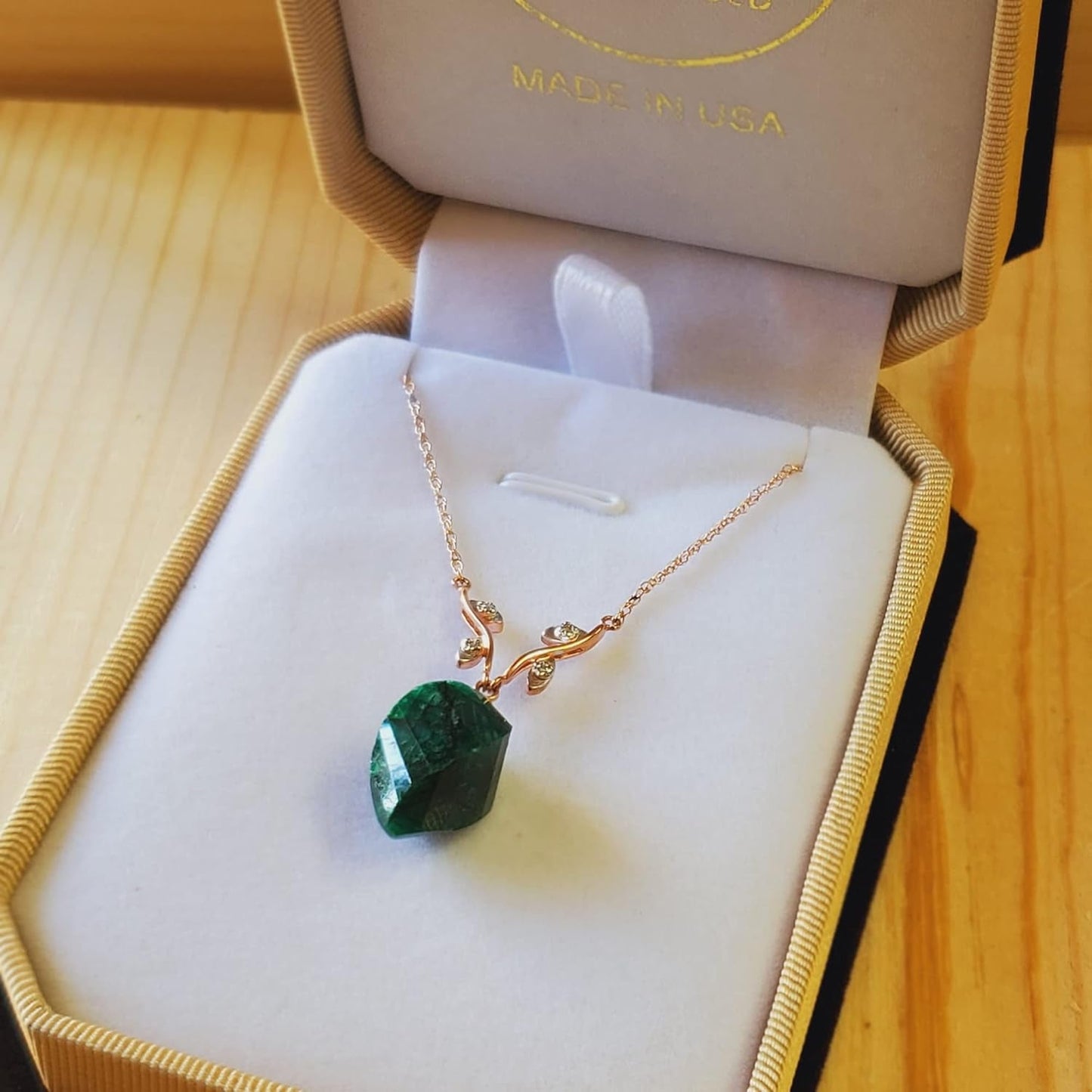 14K Solid Gold Necklace with Natural Diamonds and Twisted Briolette Emerald