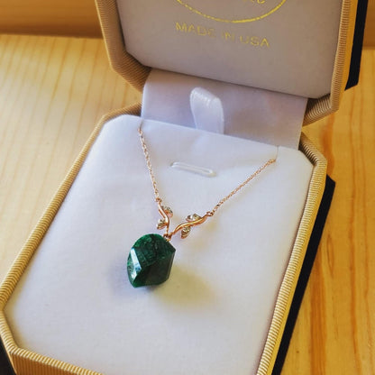 14K Solid Gold Necklace with Natural Diamonds and Twisted Briolette Emerald